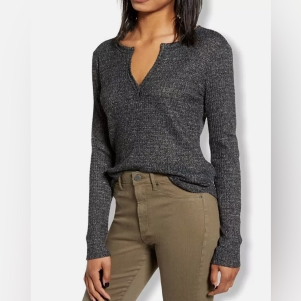 Socialite Womens Charcoal Gray Split VNeck Thermal Henley Long Sleeve Top sz L